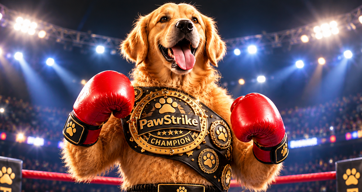 A golden retriever dressed as a boxer stands in a ring wearing red boxing gloves, red shorts with gold trim, and a large PawStrike championship belt, with a packed arena crowd in the background.